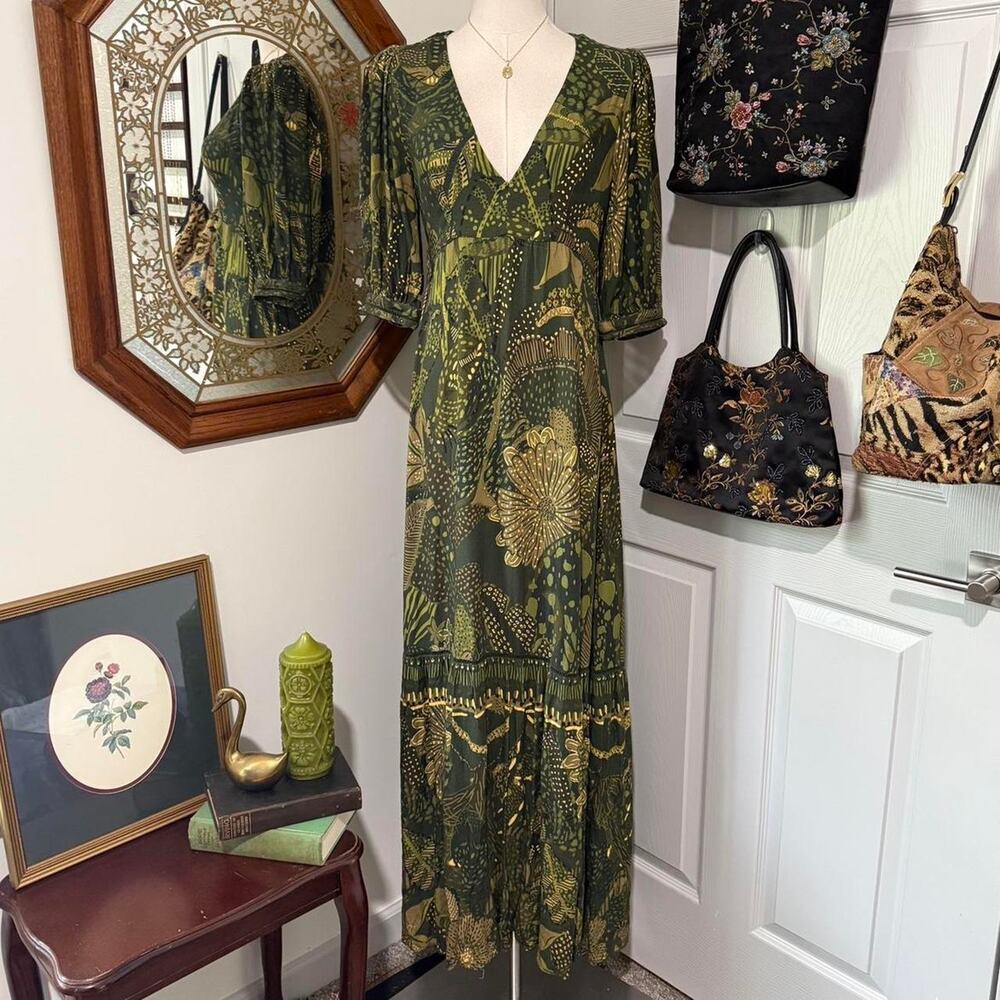 Farm Rio Dark Green & Yellow Tropical Floral Pattern Puff Sleeve Tiered Dress